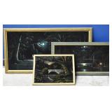 Set of 3 Black Velvet Framed Paintings