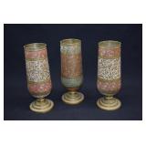 3 MCM Enamel On Brass Vases