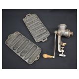 2 Cast Iron Cornbread Pan Molds & Meat Grinder
