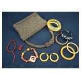 Assortment Bakelite, Lucite Jewelry/Beaded Purse