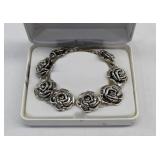 .925 Sterling Silver 3-D Rose Link Bracelet
