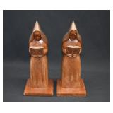 Pair Carved Wood MONK Sculpture Bookends