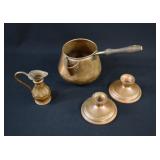 Antique Copper Pot, Jug & Candlesticks