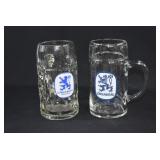 2 German LOWENBRAU Glass Beer Tankards