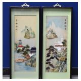 2 Chinese Carved Shell Relief PAGODA Shadow Boxes