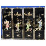 Set of 4 Japanese Black Lacquer Geisha Panels