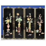 Set of 4 Chinese Black Lacquer Floral Panels