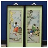 2 Chinese Carved Shell Relief MAIDENS Shadow Boxes