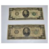 2- 1928 REDEEMABLE IN GOLD $20 Bills