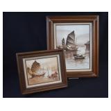 2 Signed P. Wong Chinese Junk Oil Paintings
