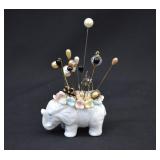 Antique Ceramic Elephant Pin Cushion with Hat Pins