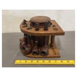 Vintage Pipe Stand W/Glass Humidor & 5 Pipes