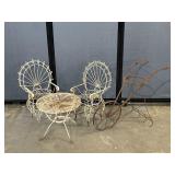 Wrought Iron Peacock Chairs, Table & Planter