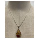 Sterling Necklace W/Teardrop Resin Flower Pendant
