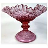 Pink Pressed Glass Pedestal Compote with Ruffled E