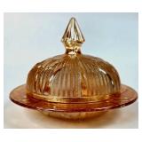 Amber Glass Covered Dish with Floral and Chevron M
