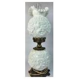 White Milk Glass Hurricane Lamp with Floral Design