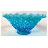 Blue Hobnail Glass Bowl with Ruffled Edge