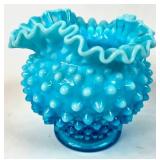 Blue Fenton Hobnail Ruffled Glass Vase