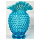 Blue Hobnail Glass Vase With Ruffled Edge