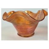 Orange Iridescent Glass Bowl with Ruffled Edges