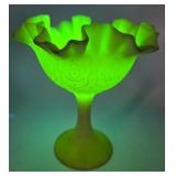 Fenton Vaseline Glass Compote with Ruffled Edge