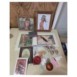 Lot: Framed Art, Glasses, Accessories
