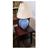 Wood Side Table and Blue Ceramic Lamp