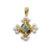 14K GOLD, PEARL AND MIXED GEMSTONE PENDANT