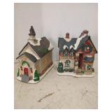 Ceramic village pieces church and coffee shop