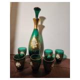 Hand Painted Floral Decantor and Cups Emerald Gren