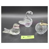 (3) Blown Glass Bubble Figurines Swan, Apple,