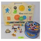 Disney Cookie Tin, Figurines, & Vtg Crib Toy