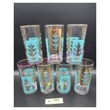 (7) Libbey Turquoise and Gold Leaf Glasses