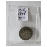 1908 US SILVER  ONE DIME COIN