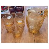 Anchor Hawking Amber Pitcher And 5 Glasses