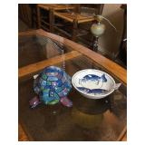 Pottery Turtle, And Glass Bowl 5" Dia.