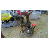 Brass Pitchers and Candle Holder