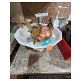 Pedestal Bowl, Copper Teapot, Brass Goblet