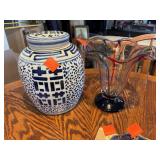 Vases x2, Glass & Oriental Design With Lid