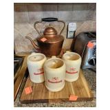 Wood Cutting Board, Copper Kettle, Coffee Mugs x3