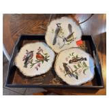Wood Tray, Glass Art Featuring Birds On Plates x3
