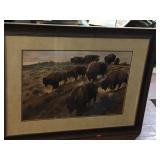 Framed Art Depicting Buffalos By Hillier 32'x44.5'