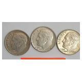 3 silver Roosevelt dimes, double struck D mints