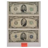 3 bills, $5, $10, $5 slightly off center blue seal
