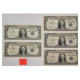 5 $1 silver certificate bills