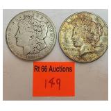 1 1921 silver Morgan dollar 1 1922 peace dollar