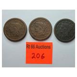 3 large 1 cents; 1850,1851,1853