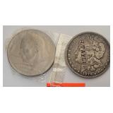 1 1878 silver dollar, 1 bicenntenial dollar