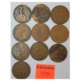 10 British pennies 1907-1967